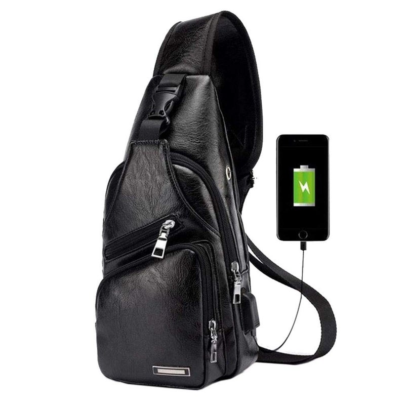 Hebetag Leather Sling Crossbody Bag Travel Backpack for Men Women Small Shoulder Pack Chest Bags with USB Charging Port Outdoor Hiking Camping Daypacks Black - Image 2
